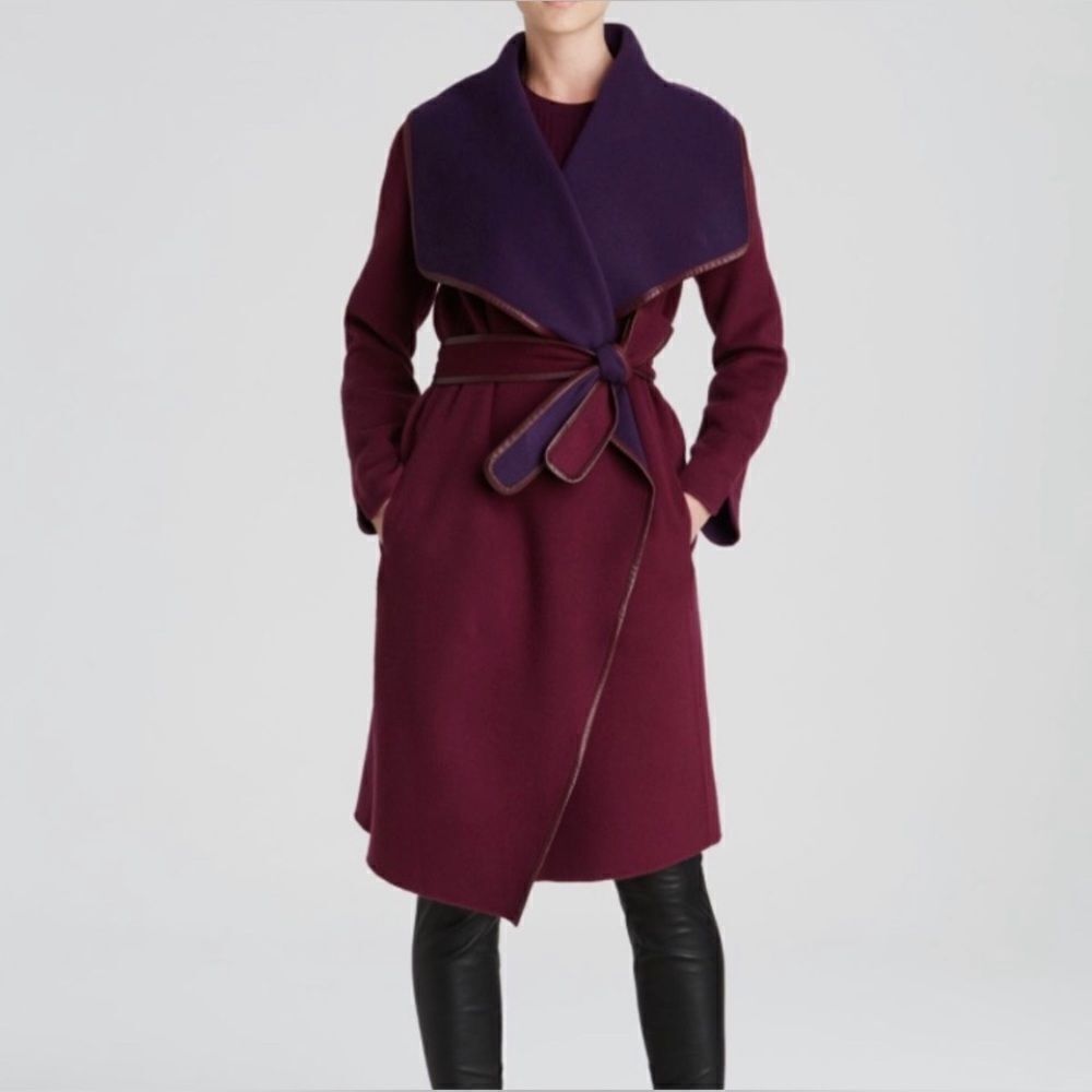 Vince plum wool w/ leather trim wrap drape cape jacket sz medium